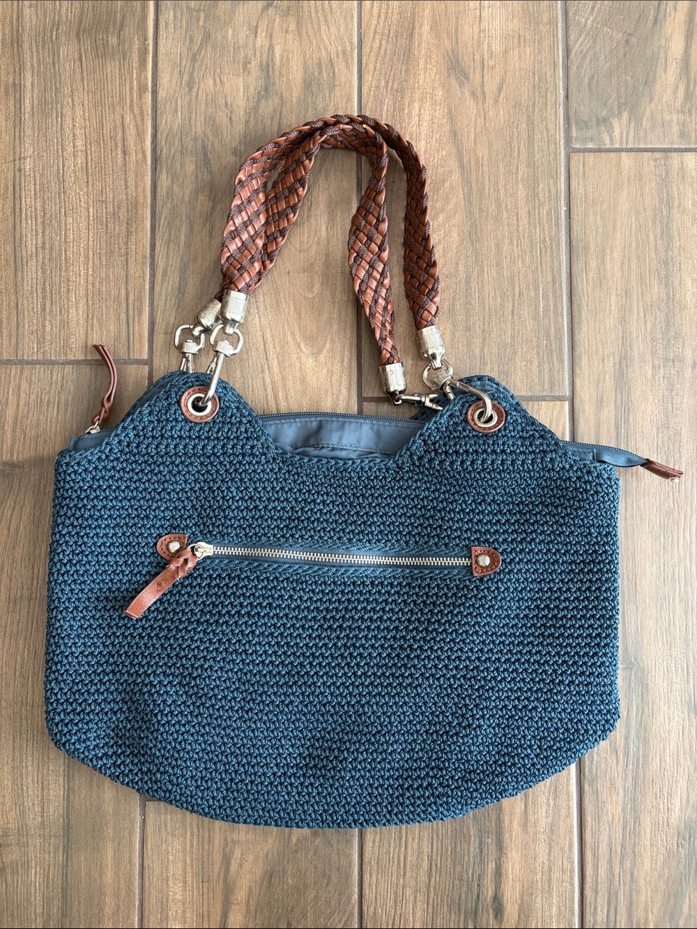 The Sak Woven Shoulder Bag in Blue with Brown Braided Handles